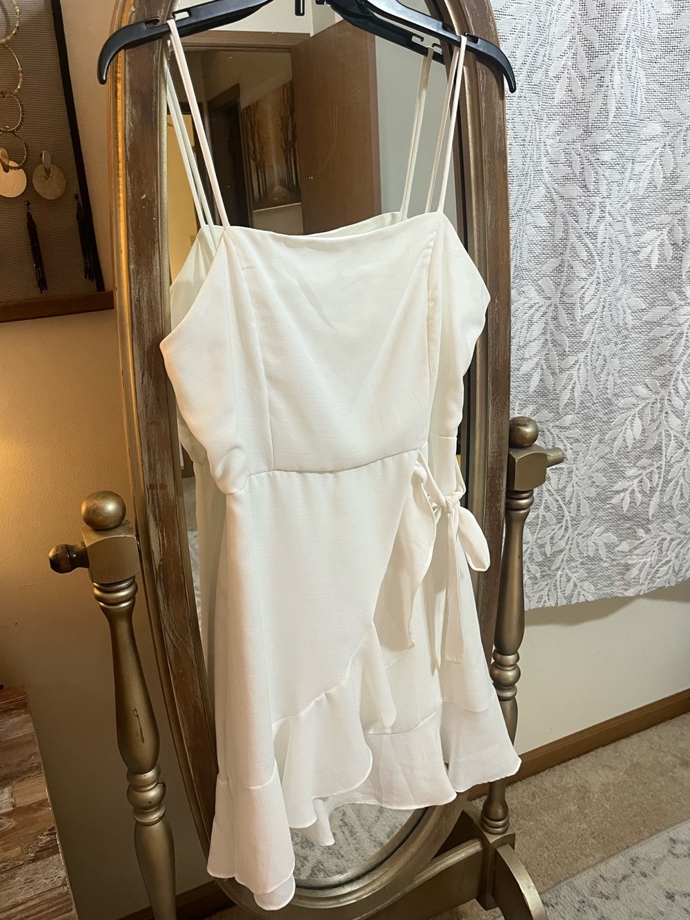 Altar'd State Cream Spaghetti Strap Ruffle Wrap Mini Dress